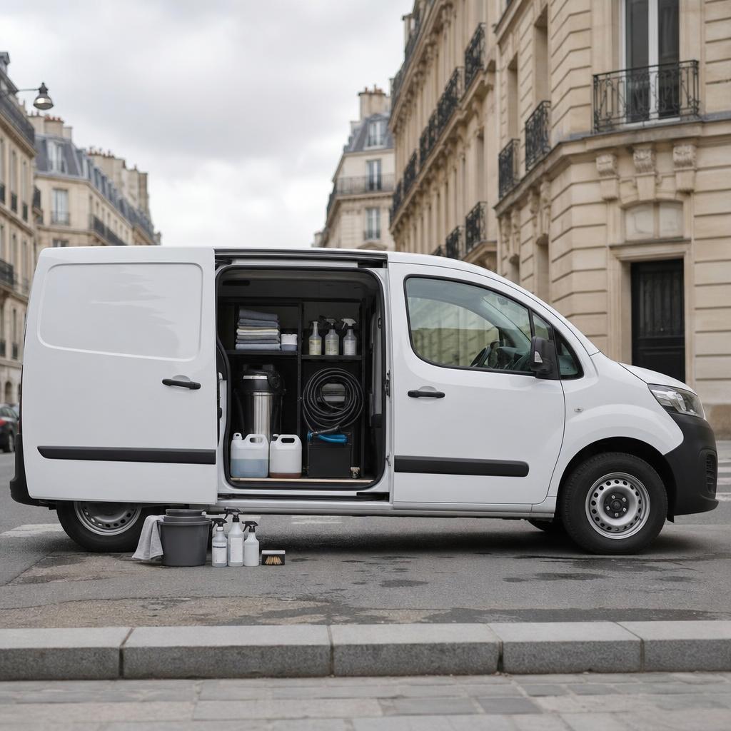 L'utilitaire atelier de Passy Club, équipé pour le lavage à domicile à Paris